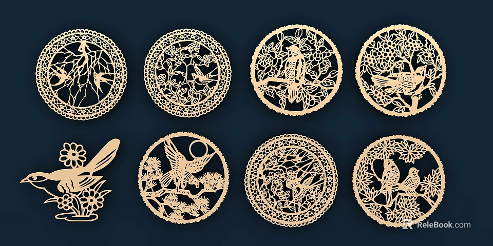 Circular Laser Cut Wooden Wall Decor with Floral Bird and Tree Natural Patterns 3d model 