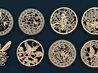 Circular Laser Cut Wooden Wall Decor with Floral Bird and Tree Natural Patterns 3d model