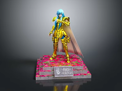 Poseidon Aristaeus Statue With Golden Armor Blue Hair And Pink Flower Base 3d model