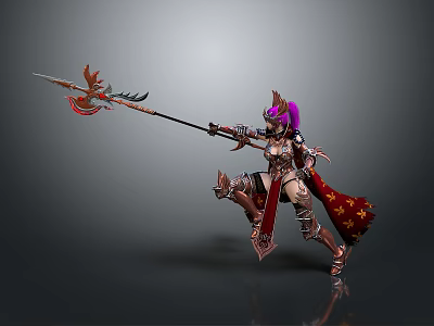 Female Warrior In Ornate Armor Wielding Spear With Purple Hair Red Cape Gold Stars 3d model