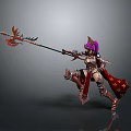 Female Warrior In Ornate Armor Wielding Spear With Purple Hair Red Cape Gold Stars