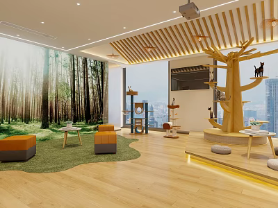 Shopping Mall Store Interior With Forest Mural Green Carpet Orange Seats And Tree Shaped Decor 3d model