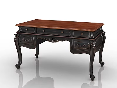 Elegant Traditional Office Desk With Wooden Top And Carved Black Frame 3d model