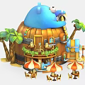 Colorful Charming Cartoon Scene Featuring Blue Bear-shaped Building Palm Trees Small Stalls and Umbrella Tables