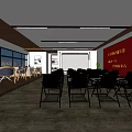 Modern Conference Room Interior With Black Chairs Tables Large Windows And Wooden Flooring