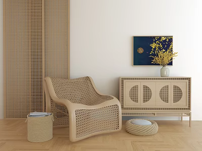 Rattan Leisure Chair in Cozy Living Room with Wooden Cabinet Yellow Flowers and Decorative Painting 3d model