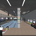 Indoor Sports Fitness Center Featuring Bowling Lanes Game Machines Strip Lights And Wooden Flooring
