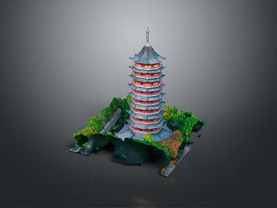 Traditional Chinese Multi tiered Pagoda with Curved Eaves Red Accents Surrounded by Green Plants 3d model