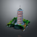 Traditional Chinese Multi tiered Pagoda with Curved Eaves Red Accents Surrounded by Green Plants