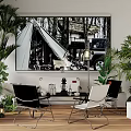 Table And Chair Set With Black And White Chairs Plants Wall Painting And Wooden Floor