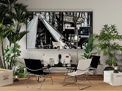 Table And Chair Set With Black And White Chairs Plants Wall Painting And Wooden Floor 3d model