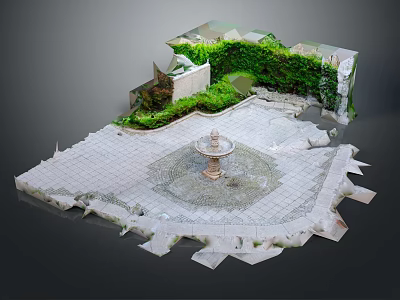 Garden Ornamental Courtyard With Stone Pavement Central Fountain And Greenery Covered Walls 3d model