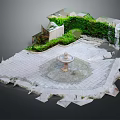 Garden Ornamental Courtyard With Stone Pavement Central Fountain And Greenery Covered Walls