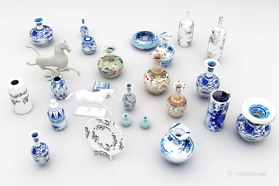 Assorted Ceramic Wares Including Vases Plates and Animal Figurines with Colorful Patterns 3d model 