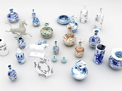 Assorted Ceramic Wares Including Vases Plates and Animal Figurines with Colorful Patterns 3d model