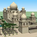 Traditional Hotel Building With Beige Domes Arched Windows Columns And Palm Trees