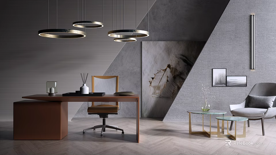 Elegant Office Desk Setup With Chair Pendant Lights Artwork And Glass Table 3d model 