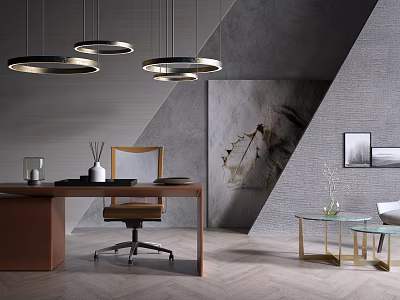 Elegant Office Desk Setup With Chair Pendant Lights Artwork And Glass Table 3d model