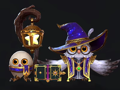Owl Doll With Purple Wizard Hat Magic Book Lantern And Small Egg Shaped Doll 3d model