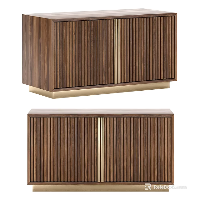 Decorative Cabinet Featuring Wooden Vertical Slats Gold Accent Doors And Base 3d model 
