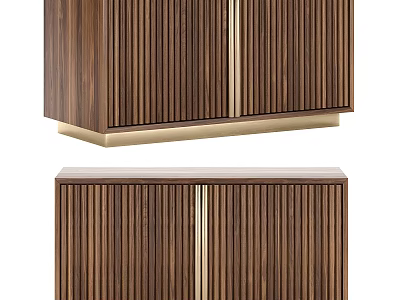 Decorative Cabinet Featuring Wooden Vertical Slats Gold Accent Doors And Base 3d model