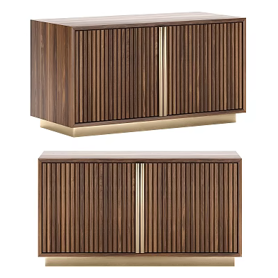 Decorative Cabinet Featuring Wooden Vertical Slats Gold Accent Doors And Base 3d model