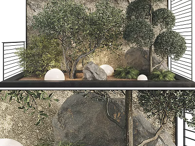 Natural Indoor Landscape Design With Olive Trees Rocks Green Plants And White Spheres 3d model