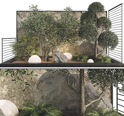 Natural Indoor Landscape Design With Olive Trees Rocks Green Plants And White Spheres 3d model