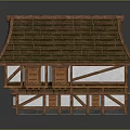 Cartoon Scene Of Traditional Wooden House With Sloped Roof Two Story Structure And White Walls