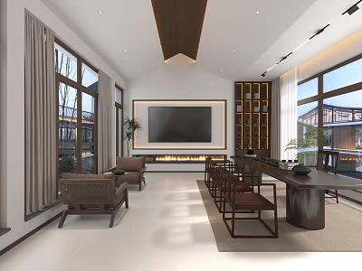 Hotel Public Lounge Area Featuring Large Windows Comfortable Sofas Wooden Long Table And Bookshelves 3d model