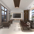 Hotel Public Lounge Area Featuring Large Windows Comfortable Sofas Wooden Long Table And Bookshelves