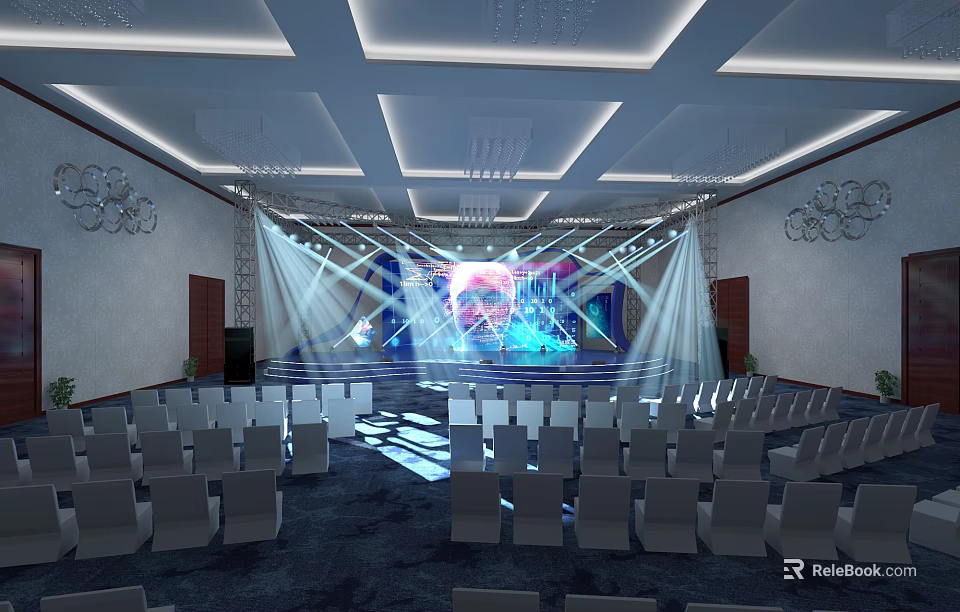 Modern Spacious Conference Hall Interior With Stage Lighting And Neatly Arranged Seats 3d model 