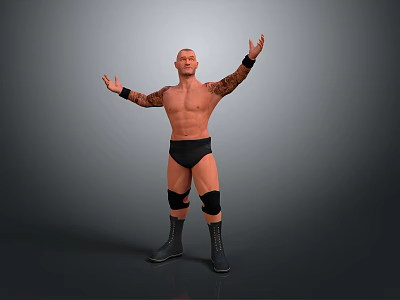 Shirtless Man With Tattoos In Black Wrestling Shorts Knee Pads And Boots Arms Outstretched 3d model