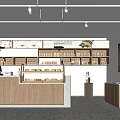 Modern Dessert Shop Interior with Open Counter Wooden Shelves and Displayed Sweets