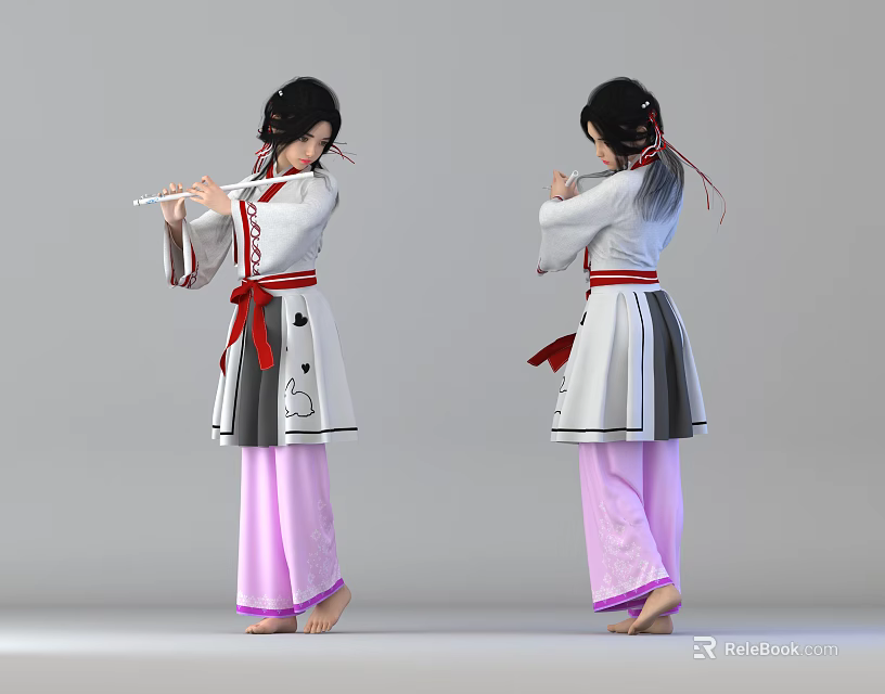 A Woman Playing Flute in Traditional White Top Pink Pants Red Belt and Double Ponytails 3d model 