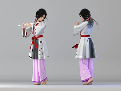 A Woman Playing Flute in Traditional White Top Pink Pants Red Belt and Double Ponytails 3d model