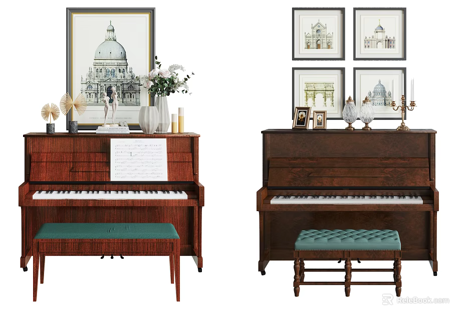 Vintage Wooden Pianos with Green Benches Music Sheets and Framed Paintings as Decorative Setup 3d model 