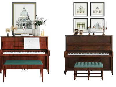 Vintage Wooden Pianos with Green Benches Music Sheets and Framed Paintings as Decorative Setup 3d model