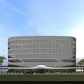 Modern Curved Office Building Exterior Design With Large Glass Windows Surrounding Greenery And Lawn