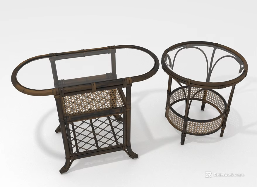 Two Wicker Furniture Pieces with Dark Wooden Frame Oval Round Tabletop and Wicker Grid Design 3d model 