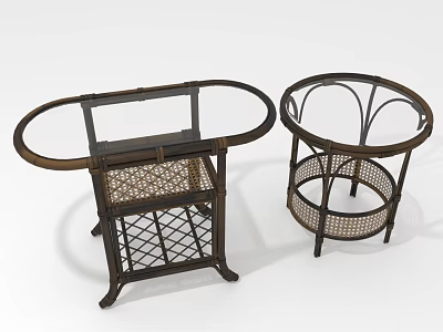 Two Wicker Furniture Pieces with Dark Wooden Frame Oval Round Tabletop and Wicker Grid Design 3d model