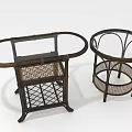 Two Wicker Furniture Pieces with Dark Wooden Frame Oval Round Tabletop and Wicker Grid Design