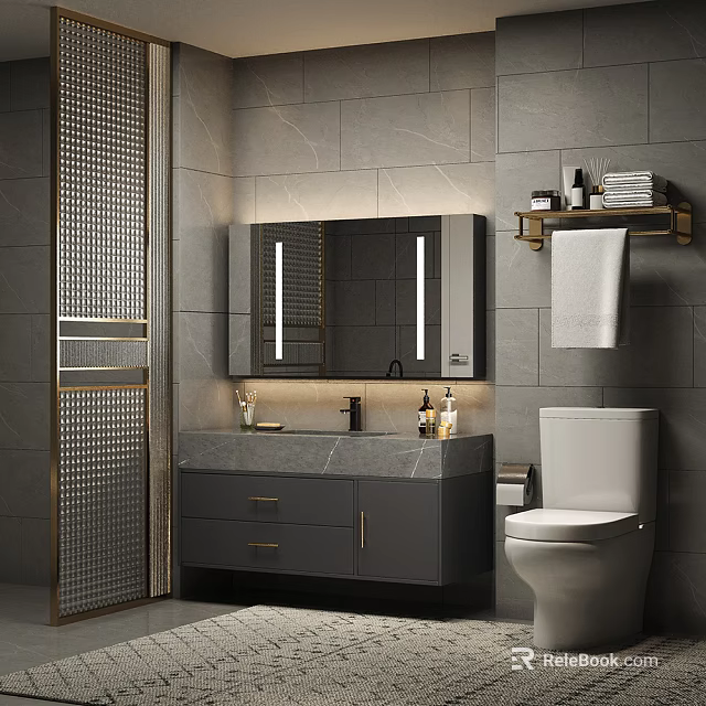 Modern Bathroom Vanity With LED Mirror Marble Countertop Cabinet And Towel Rack 3d model 