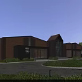 Modern Industrial Factory Building With Red Brick Exterior Large Glass Windows Greenery And Pedestrians