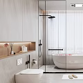 Modern Bathroom Interior With Glass Shower Freestanding Bathtub Double Vanity Wooden Cabinets And Plants