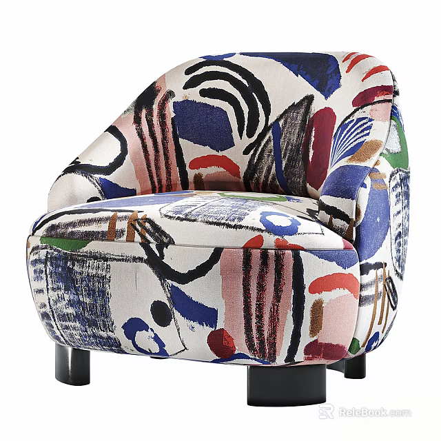Stylish Single Sofa With Abstract Colorful Pattern Upholstered Design And Black Legs 3d model 