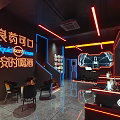 Stylish Modern Bar Interior With Neon Coffee Signs Seating Area And Ambient Lighting