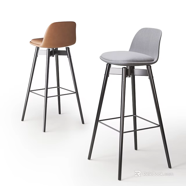 Modern Brown And Gray Bar Stools With Fabric Seats And Black Metal Legs 3d model 