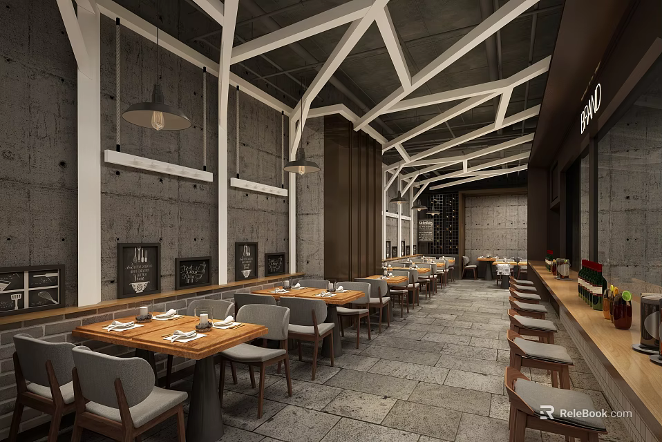 Industrial Style Restaurant Interior With Long Wooden Tables Gray Chairs And Pendant Lights 3d model 