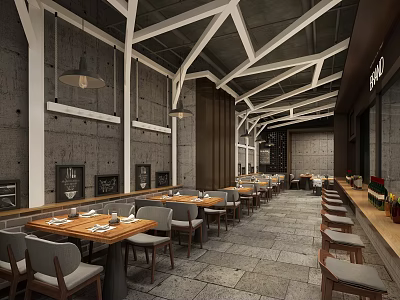 Industrial Style Restaurant Interior With Long Wooden Tables Gray Chairs And Pendant Lights 3d model